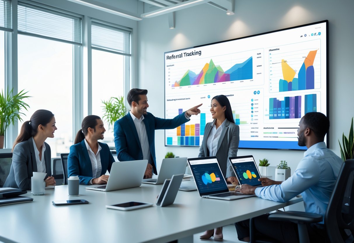 A group of business professionals collaborating around a desk with digital devices showing charts and graphs related to referral tracking in a bright office.