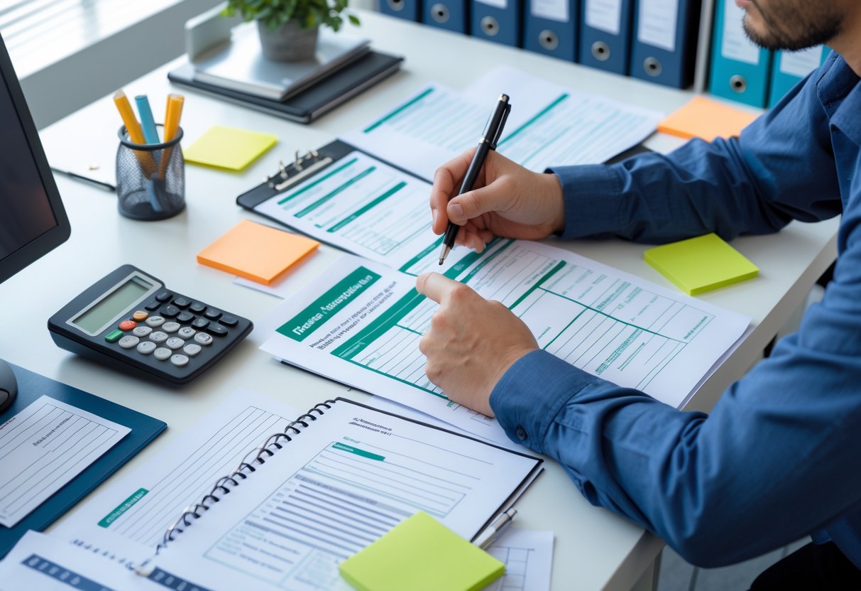 Person organizing and marking paper referral forms at a desk with notebooks and office supplies in a well-lit office.