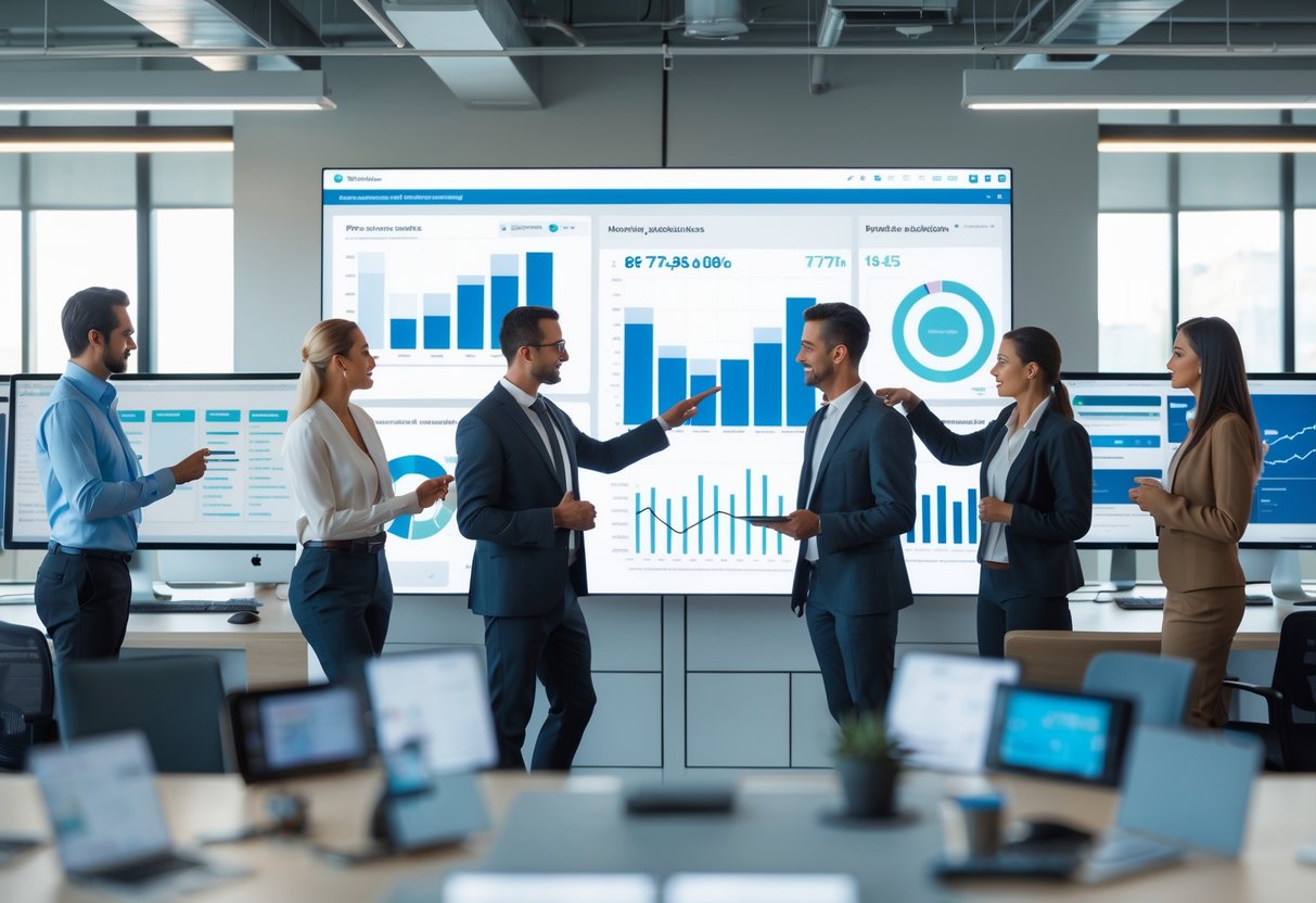 Business professionals collaborating around a digital touchscreen displaying referral tracking data in a modern office.