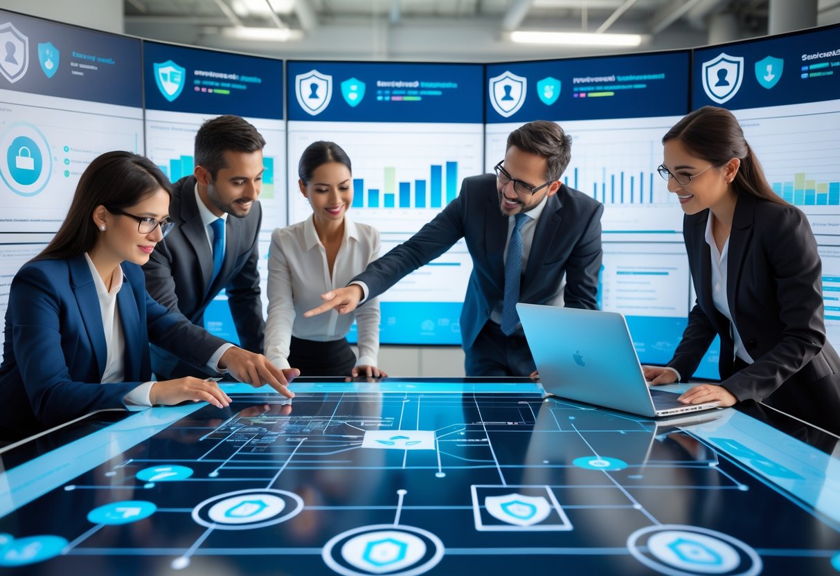 A group of professionals collaborating around a digital table with data and security visuals in a modern office.