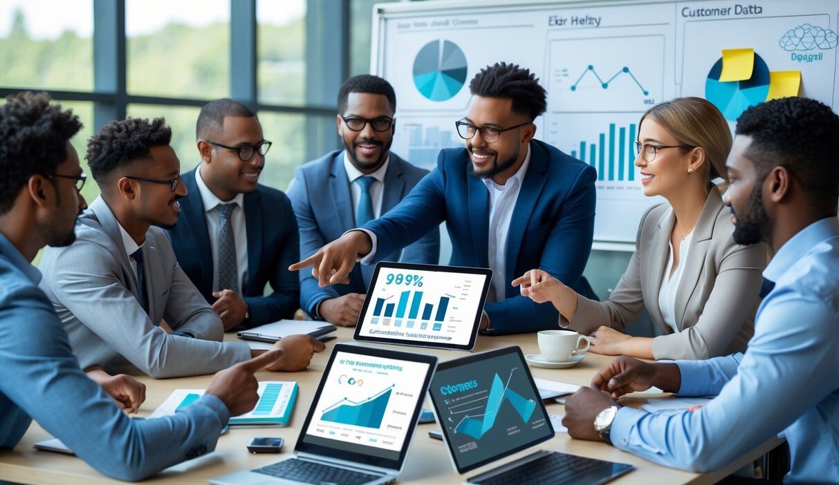 A diverse group of business professionals in a modern office collaborating around a table with laptops and charts, discussing customer acquisition prospects.