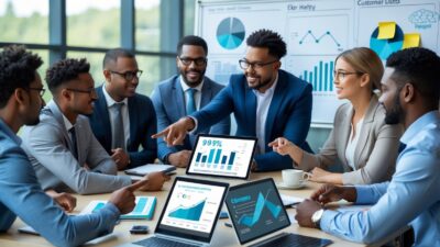 A diverse group of business professionals in a modern office collaborating around a table with laptops and charts, discussing customer acquisition prospects.