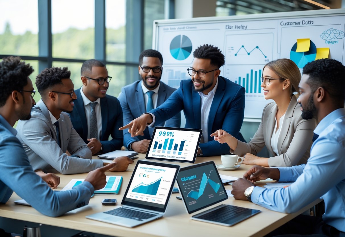 A diverse group of business professionals in a modern office collaborating around a table with laptops and charts, discussing customer acquisition prospects.