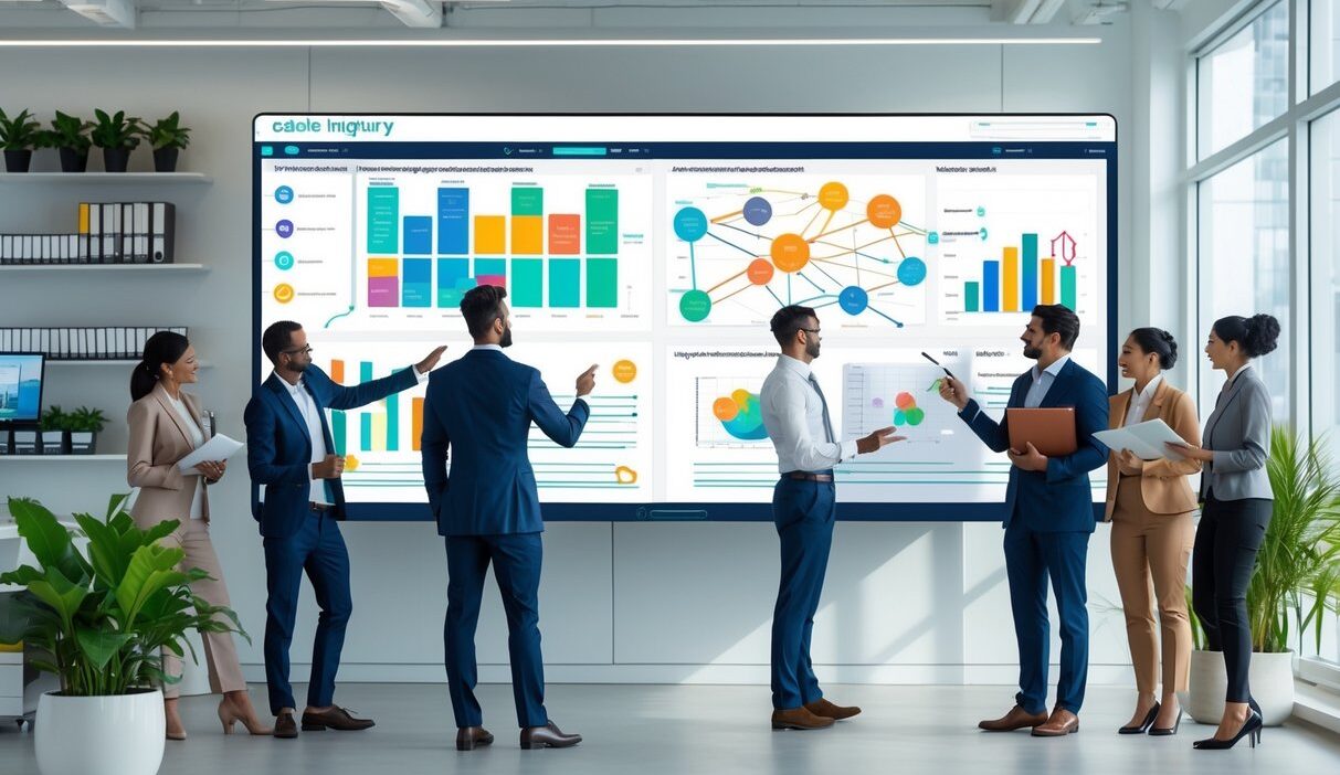 A group of business professionals collaborating around a digital touchscreen displaying sales inquiry automation workflows in a bright office.