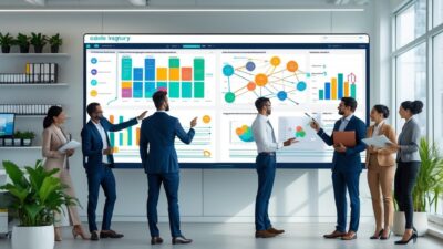 A group of business professionals collaborating around a digital touchscreen displaying sales inquiry automation workflows in a bright office.