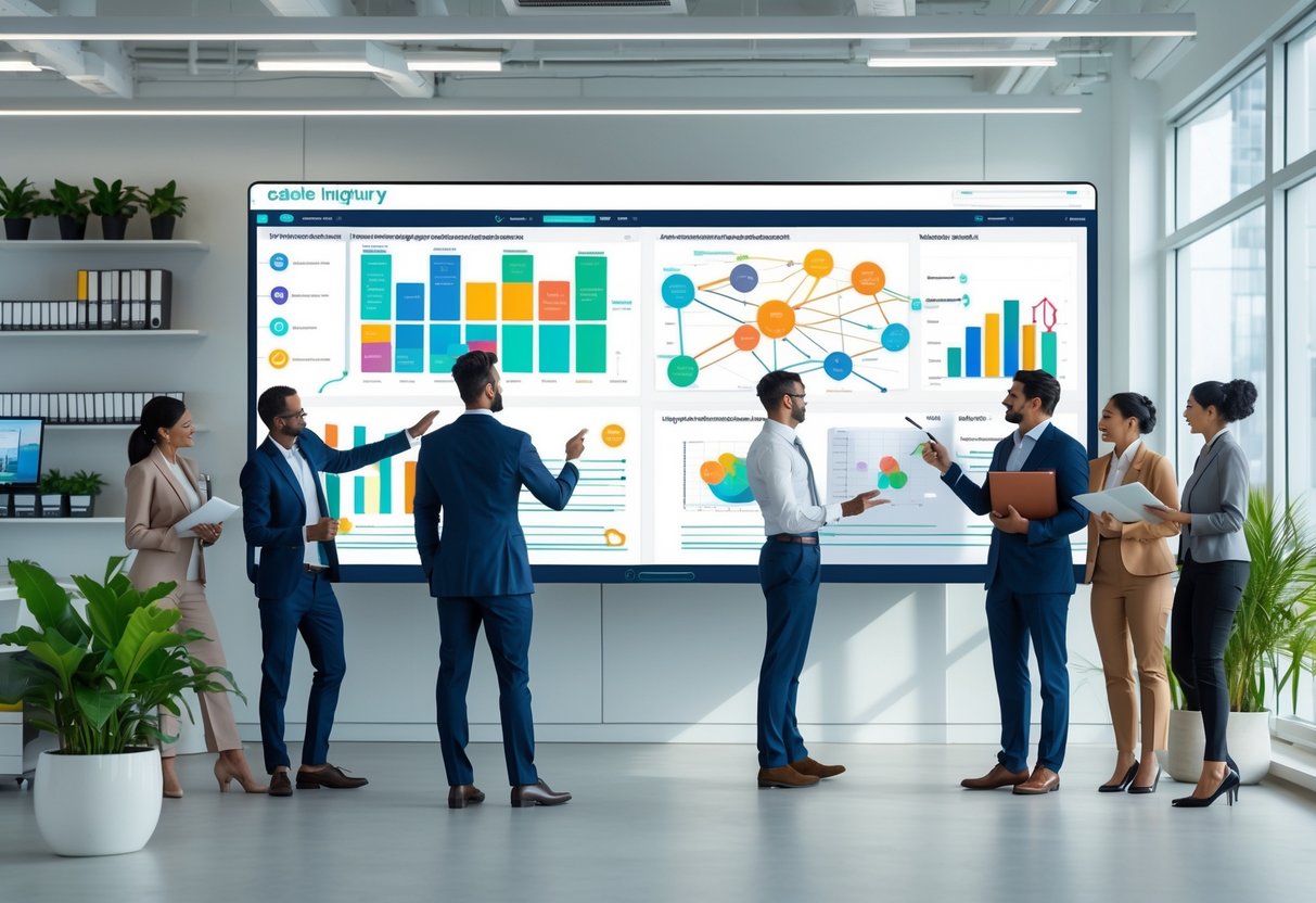 A group of business professionals collaborating around a digital touchscreen displaying sales inquiry automation workflows in a bright office.