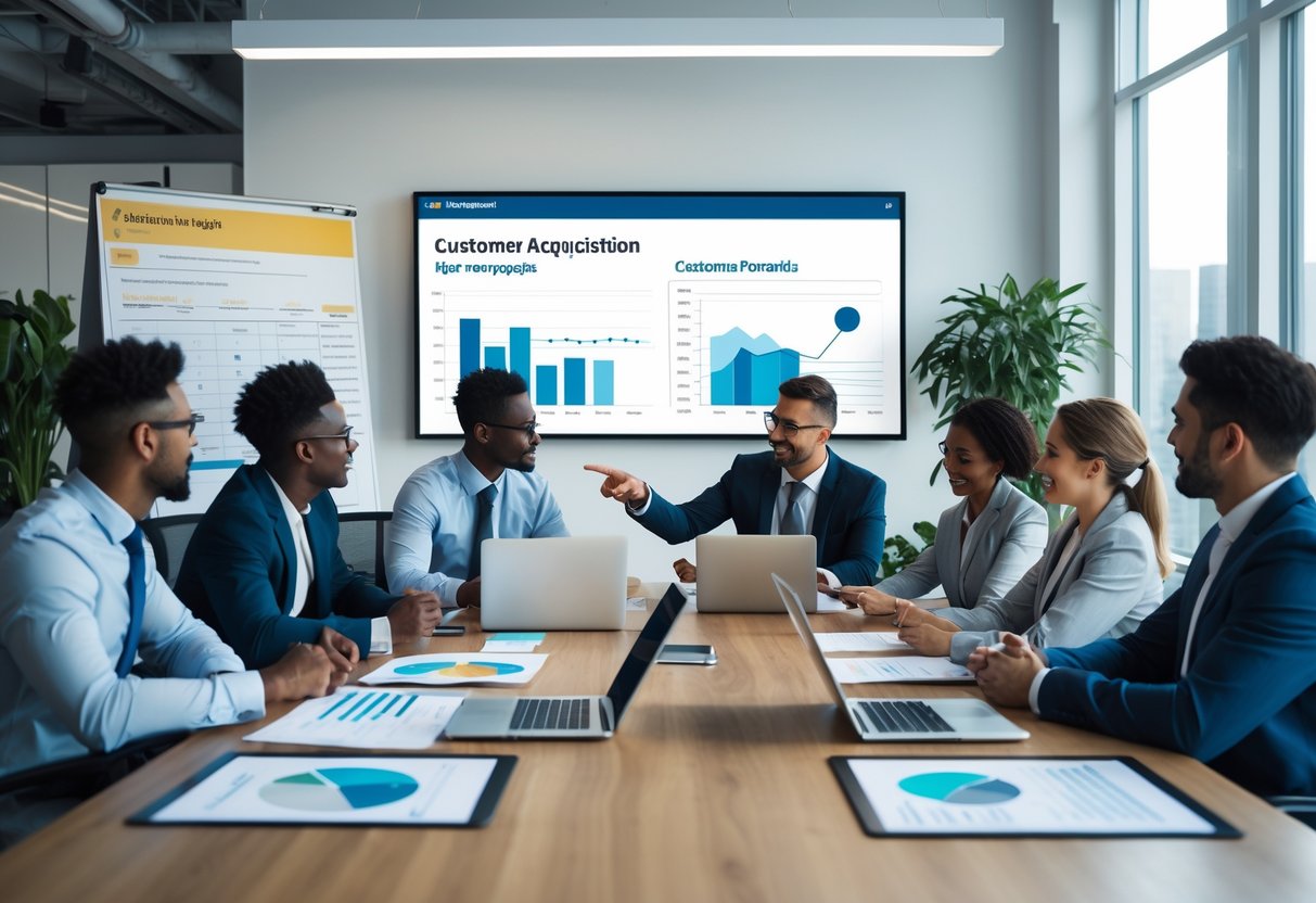 A group of business professionals in a meeting room discussing customer acquisition strategies with charts and laptops.