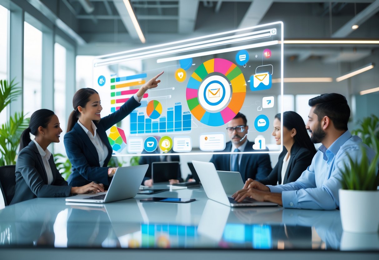A group of business professionals collaborating in an office with digital screens displaying graphs and social media icons.