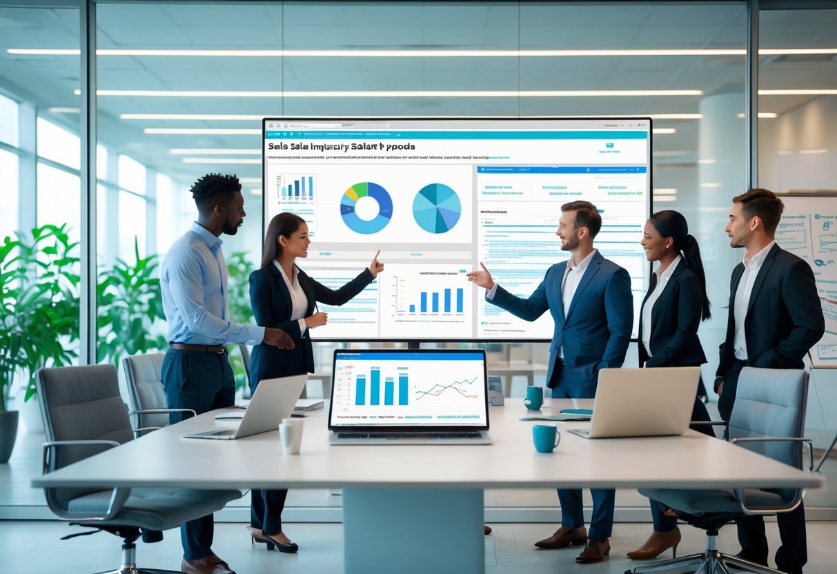 Business professionals collaborating around a conference table with digital devices displaying sales inquiry automation workflows in a modern office.