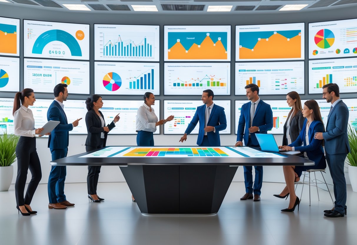 A group of business professionals collaborating around a digital touchscreen table displaying data charts and analytics in a modern office.