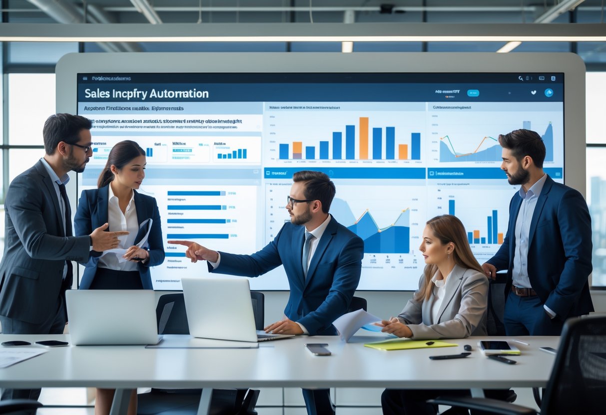 A group of business professionals collaborating around a digital touchscreen display showing sales automation data in a modern office.