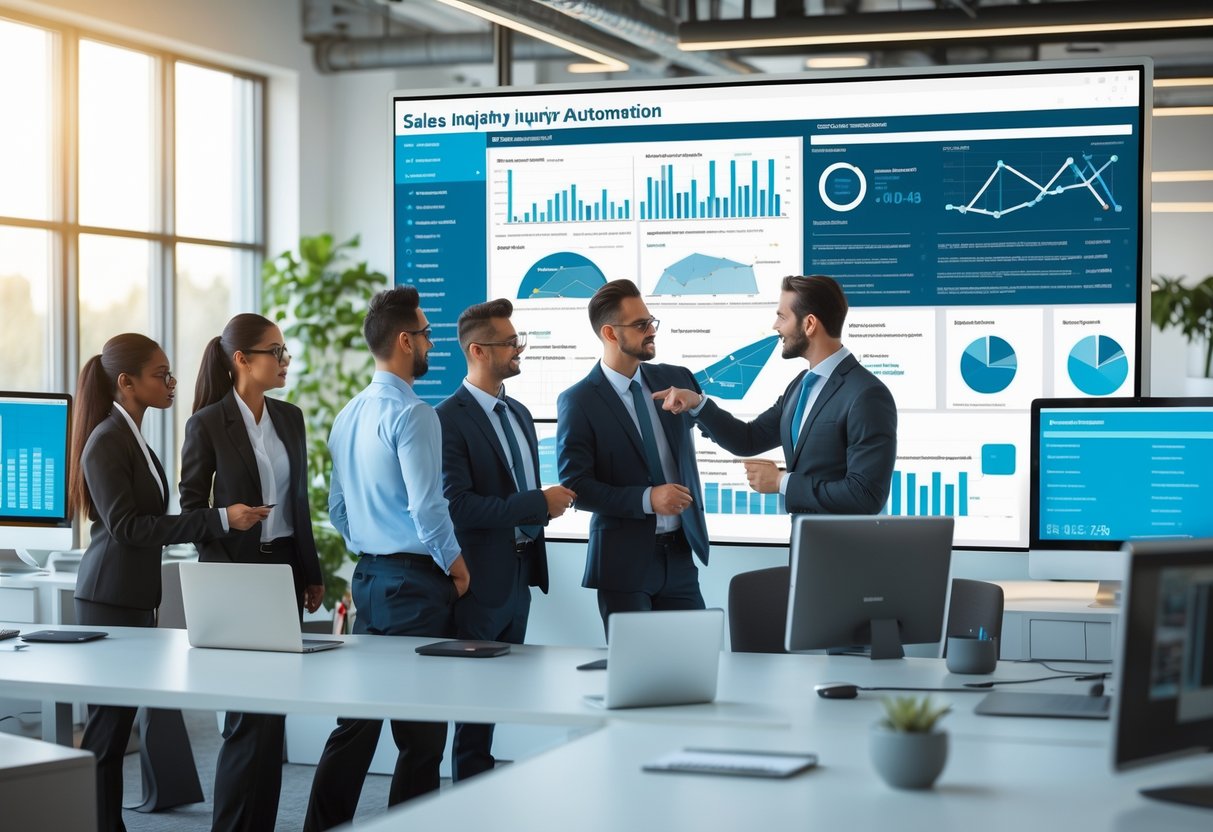 Business professionals collaborating around a digital touchscreen displaying sales data and automation workflows in a bright modern office.