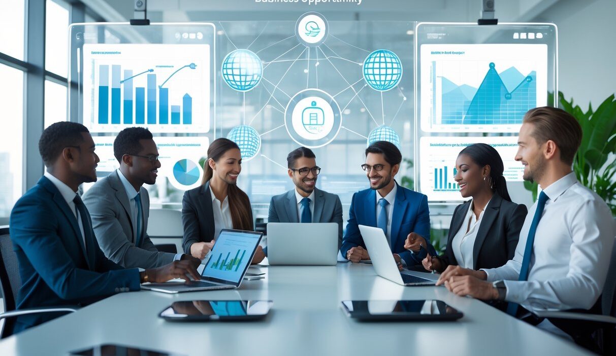 A diverse group of professionals collaborating around a conference table with digital devices and holographic screens showing business data in a bright modern office.
