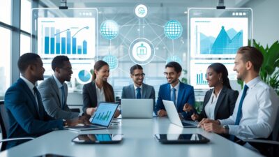 A diverse group of professionals collaborating around a conference table with digital devices and holographic screens showing business data in a bright modern office.