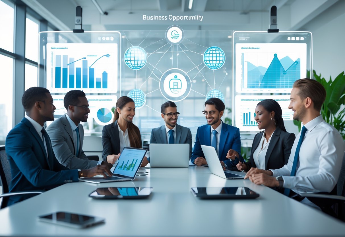 A diverse group of professionals collaborating around a conference table with digital devices and holographic screens showing business data in a bright modern office.