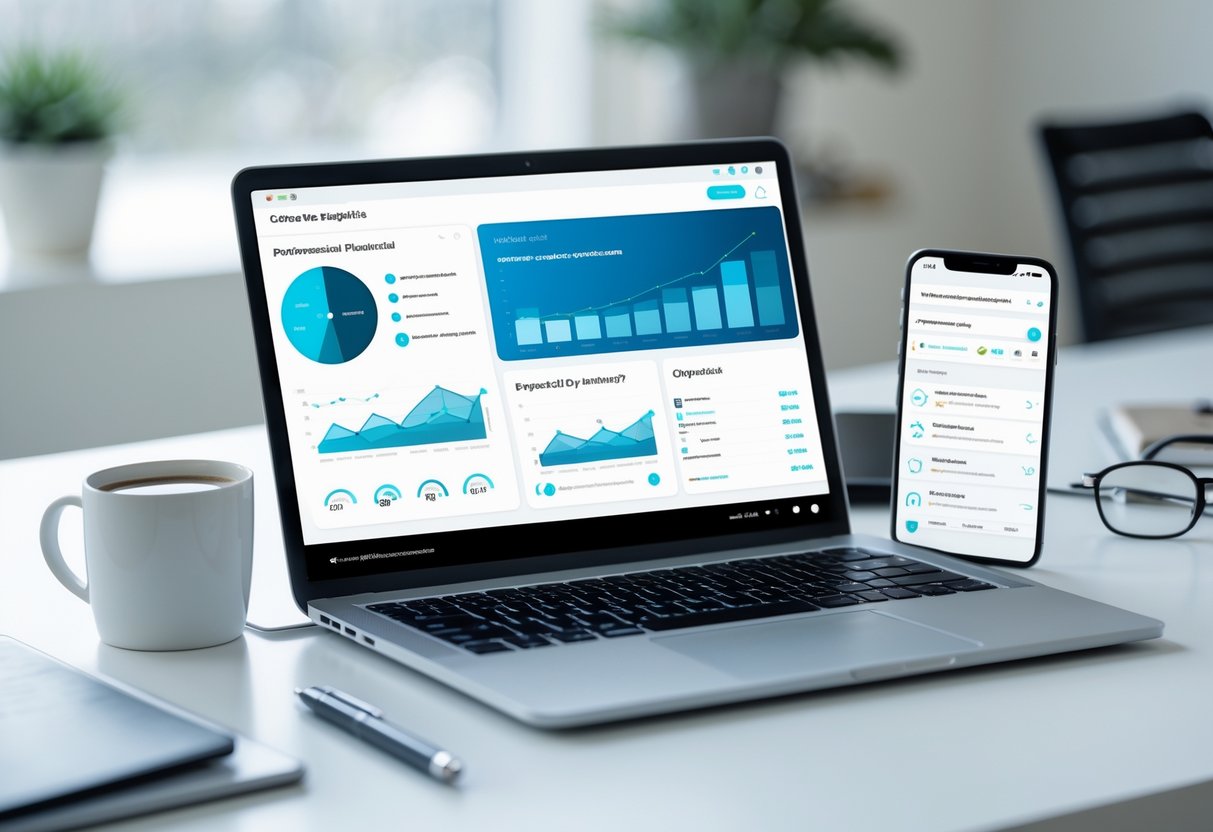 A modern workspace with a laptop, smartphone, and tablet displaying business-related interfaces on a desk with office supplies.