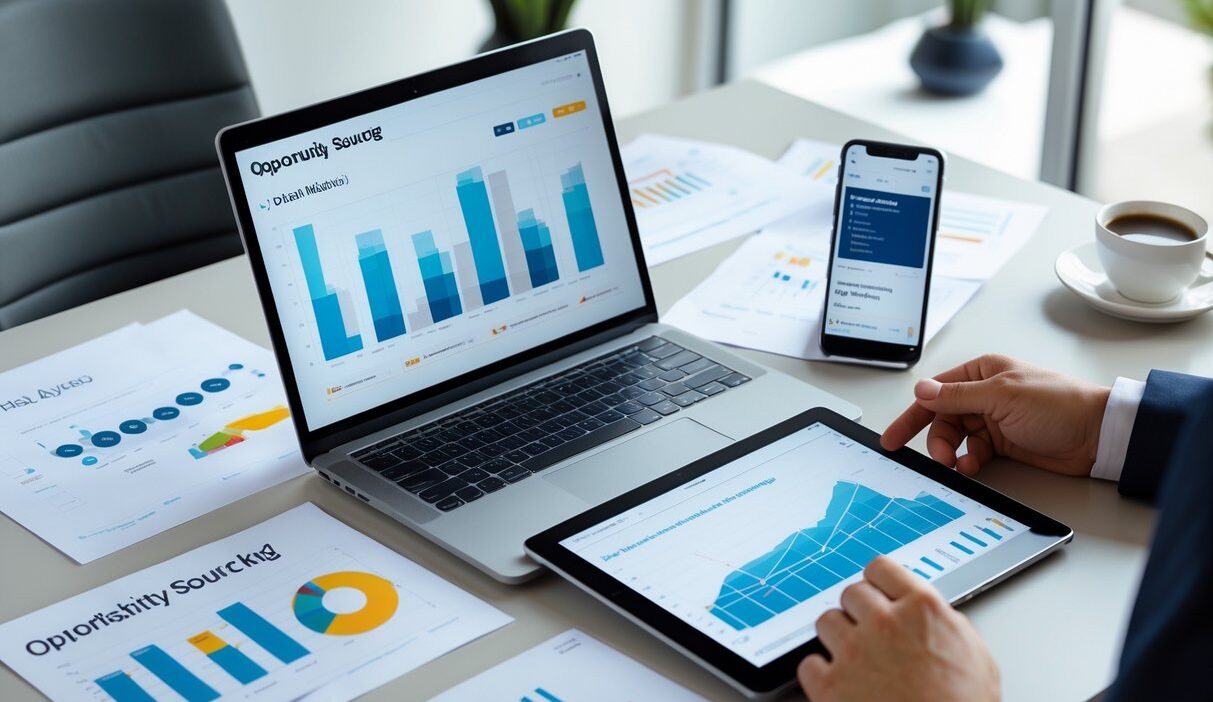 A person working at a desk with a laptop, tablet, smartphone, and papers showing charts and graphs in a modern office setting.