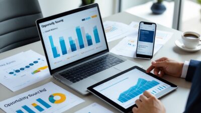 A person working at a desk with a laptop, tablet, smartphone, and papers showing charts and graphs in a modern office setting.