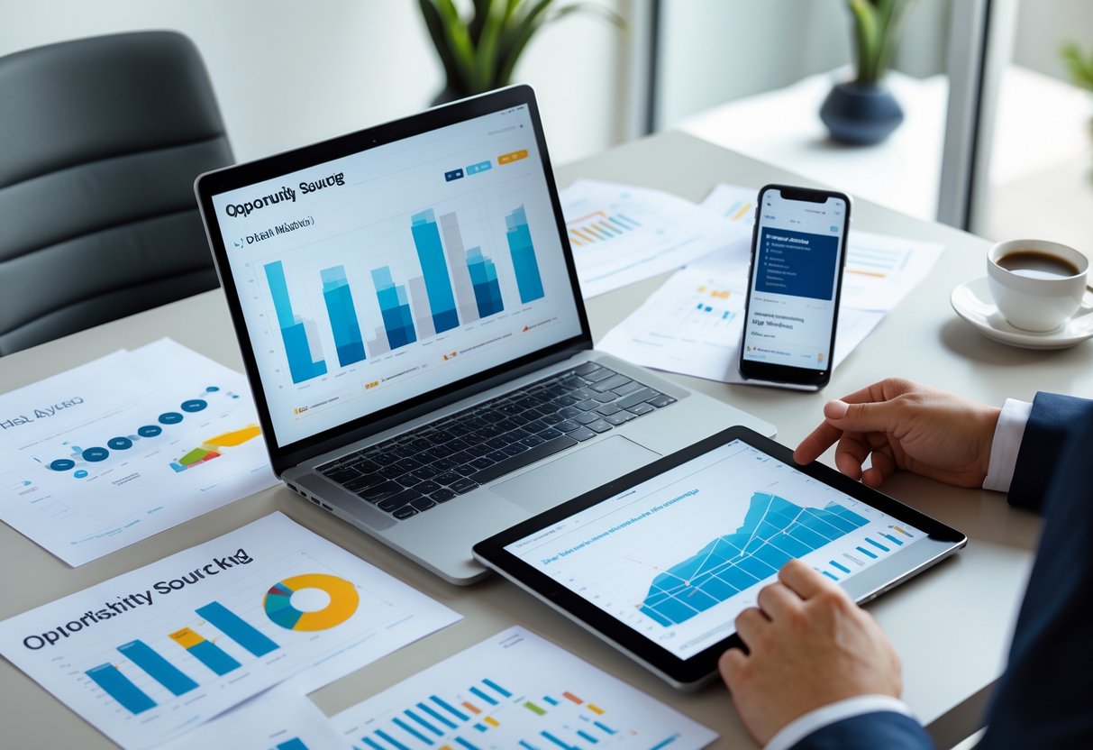 A person working at a desk with a laptop, tablet, smartphone, and papers showing charts and graphs in a modern office setting.