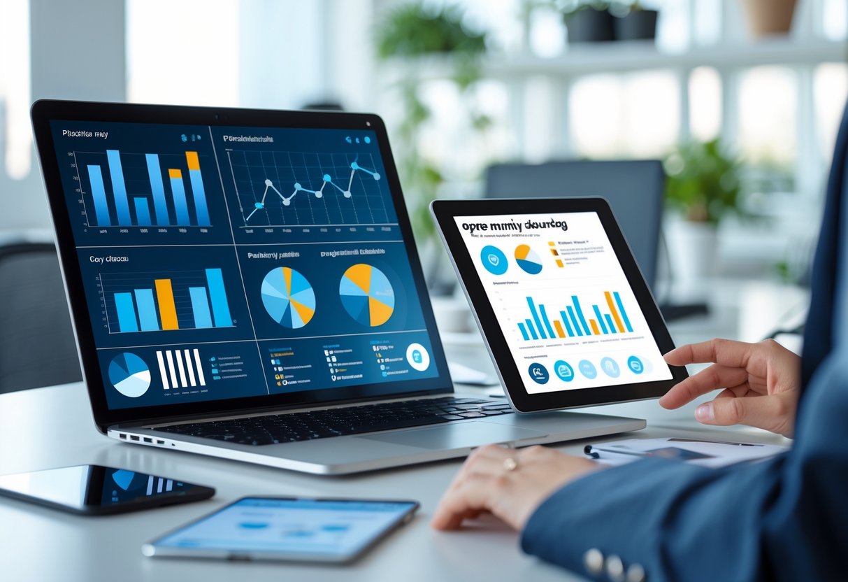 A person using multiple digital devices displaying charts and data analytics in a bright office workspace.