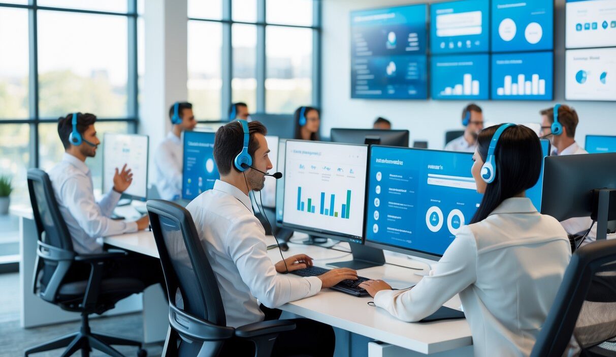 A team of customer service representatives working at desks with headsets and computer monitors in a bright office.