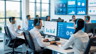 A team of customer service representatives working at desks with headsets and computer monitors in a bright office.