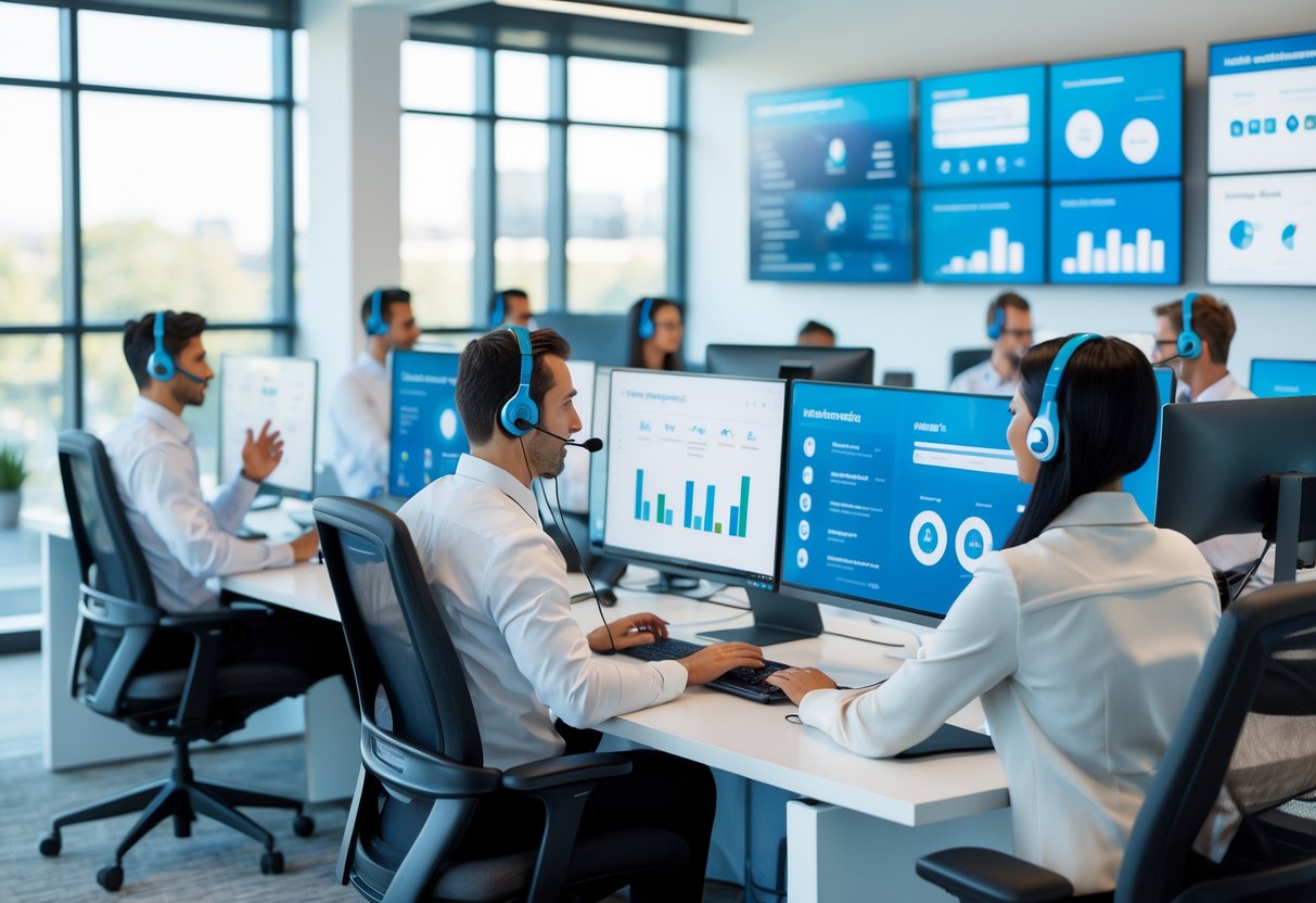 A team of customer service representatives working at desks with headsets and computer monitors in a bright office.