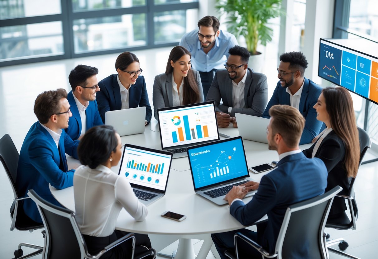 A diverse group of small business owners and entrepreneurs collaborating around a conference table with laptops and digital devices in a bright office.