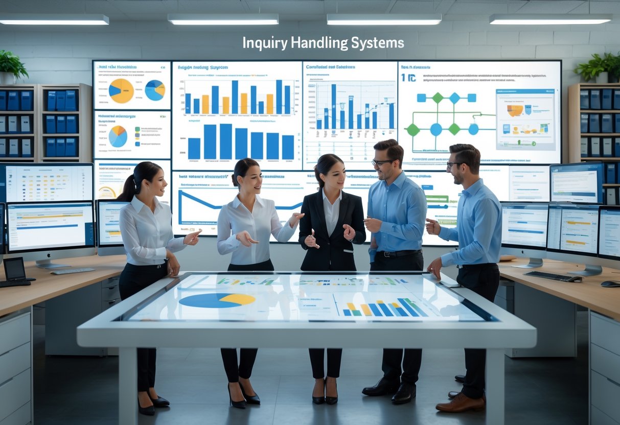 A team of professionals collaborating around a digital touchscreen table displaying charts and diagrams related to inquiry management in a modern office.