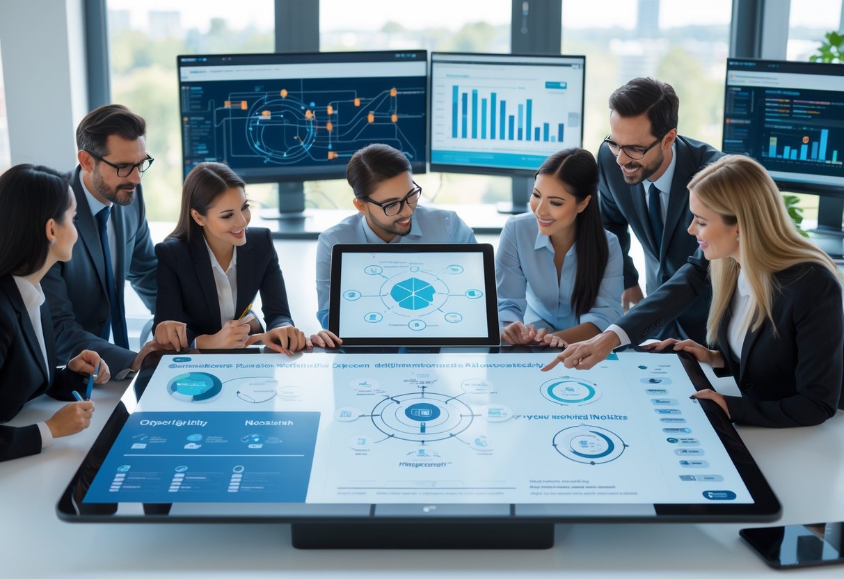 A group of business professionals collaborating around a digital touchscreen table displaying workflow diagrams and data charts in a modern office.