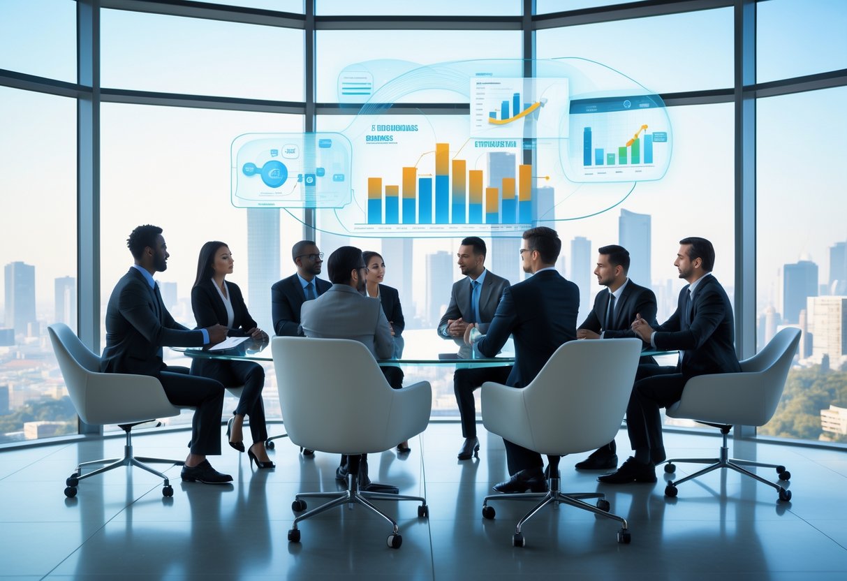 A group of business professionals collaborating around a table with digital holograms displaying data and graphs in a modern office overlooking a city skyline.