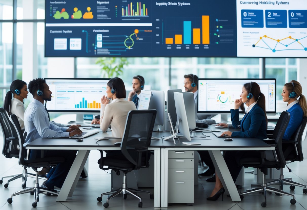 A team of customer service representatives working at computers in a bright office with large screens displaying data and charts.