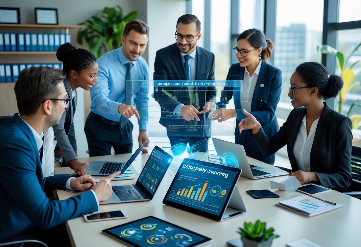 A diverse team of business professionals collaborating around a table with laptops and digital devices displaying charts and data in a modern office.