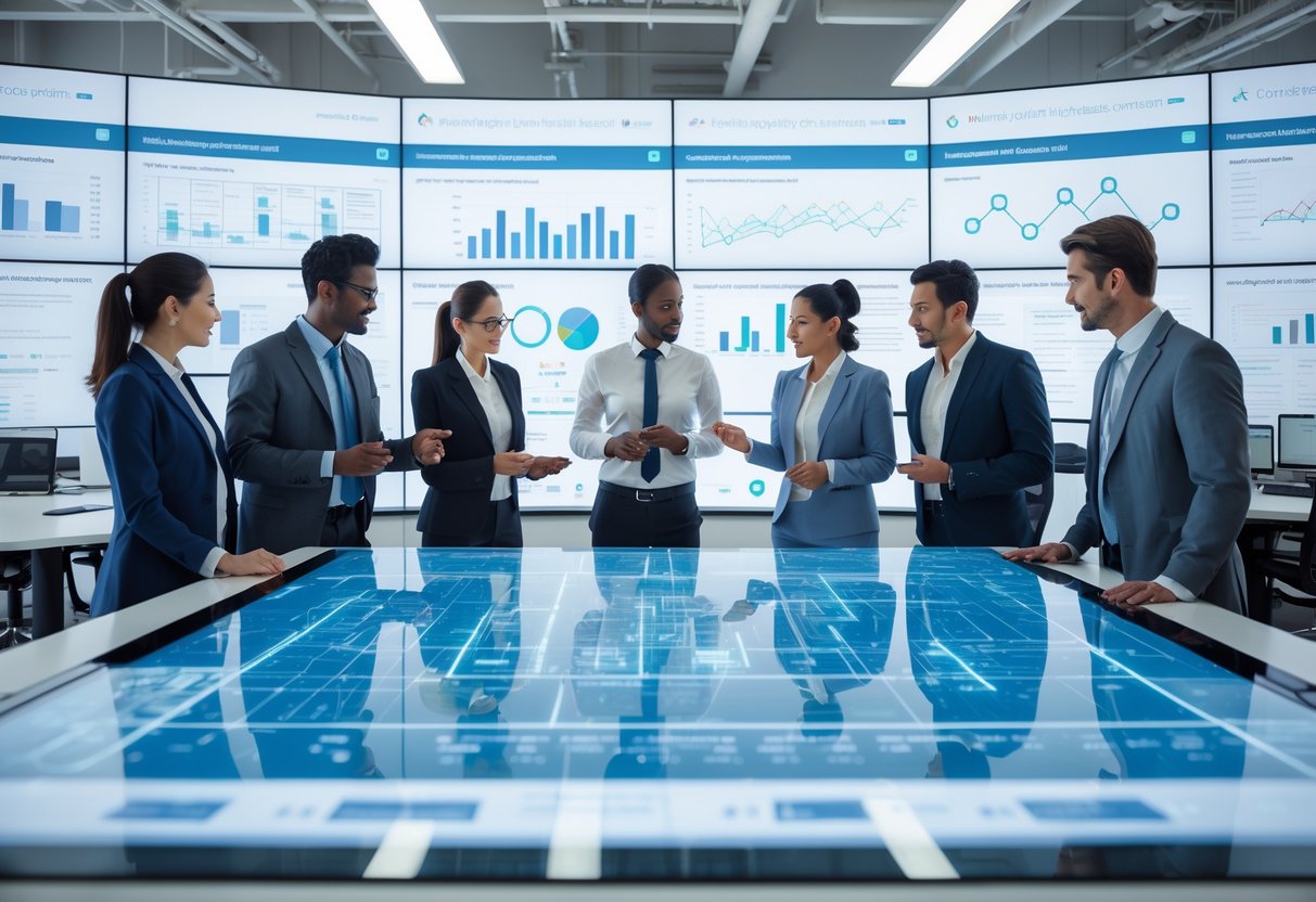 A team of professionals collaborating around a digital touchscreen table displaying data visualizations and analytics in a modern office.