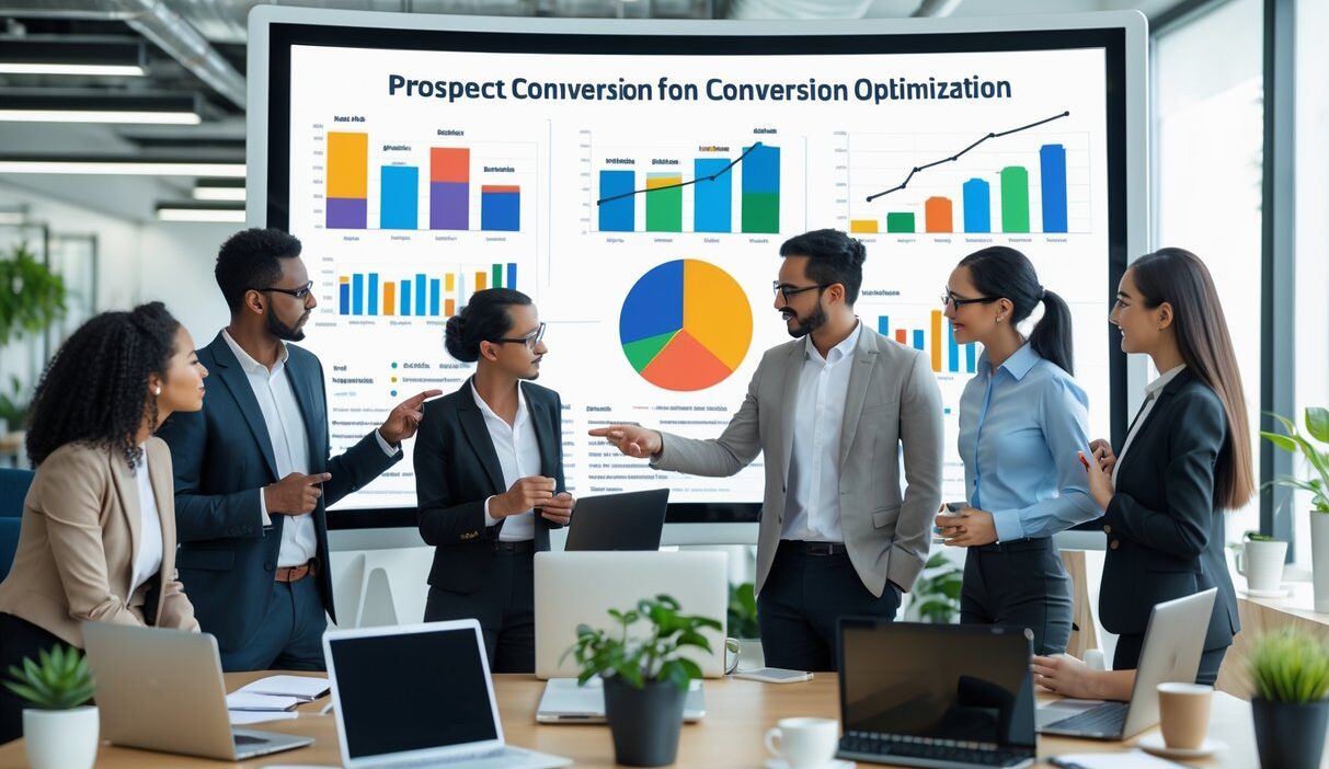 A group of business professionals collaborating around a digital touchscreen displaying graphs and charts in a modern office.