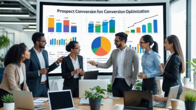 A group of business professionals collaborating around a digital touchscreen displaying graphs and charts in a modern office.