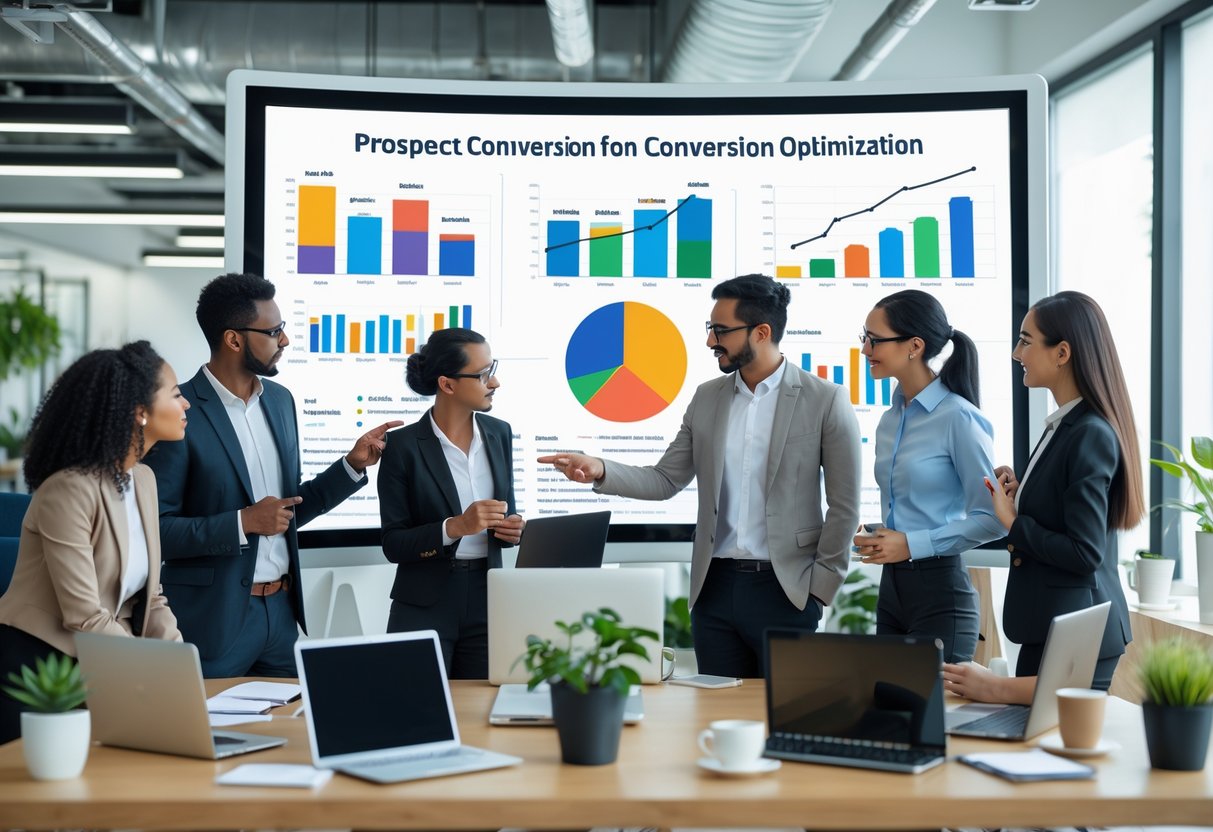 A group of business professionals collaborating around a digital touchscreen displaying graphs and charts in a modern office.