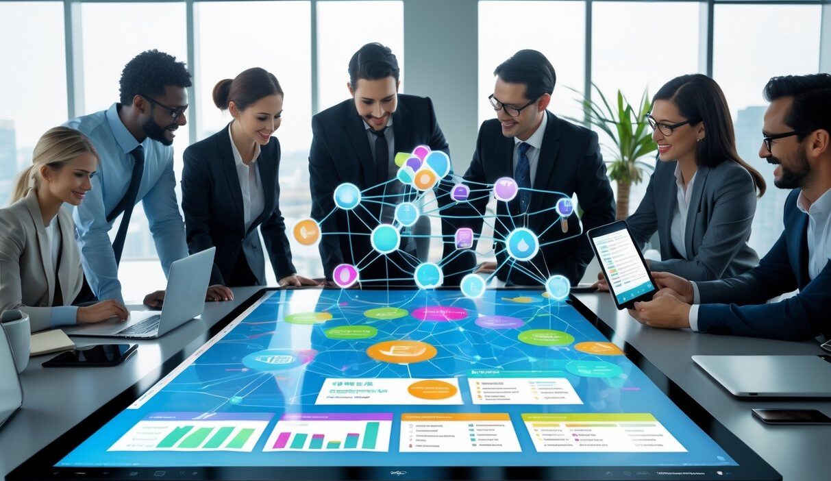 A team of professionals collaborating around a digital touchscreen table displaying a contact database interface in a modern office.
