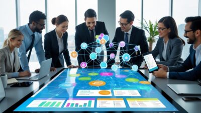 A team of professionals collaborating around a digital touchscreen table displaying a contact database interface in a modern office.