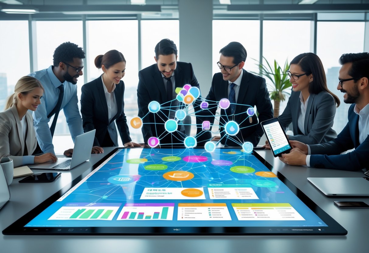A team of professionals collaborating around a digital touchscreen table displaying a contact database interface in a modern office.