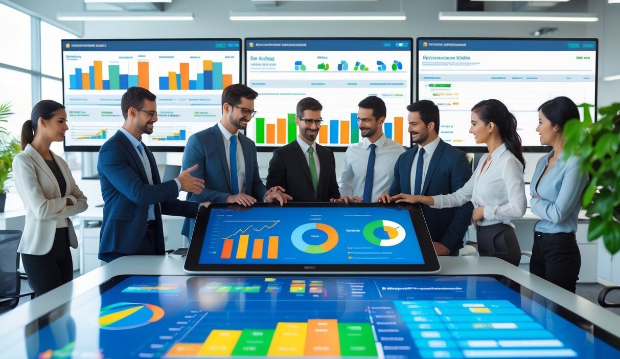 Business professionals collaborating around a digital touchscreen table showing charts and data in a modern office with computer monitors displaying CRM dashboards.
