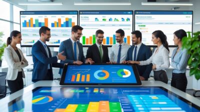 Business professionals collaborating around a digital touchscreen table showing charts and data in a modern office with computer monitors displaying CRM dashboards.