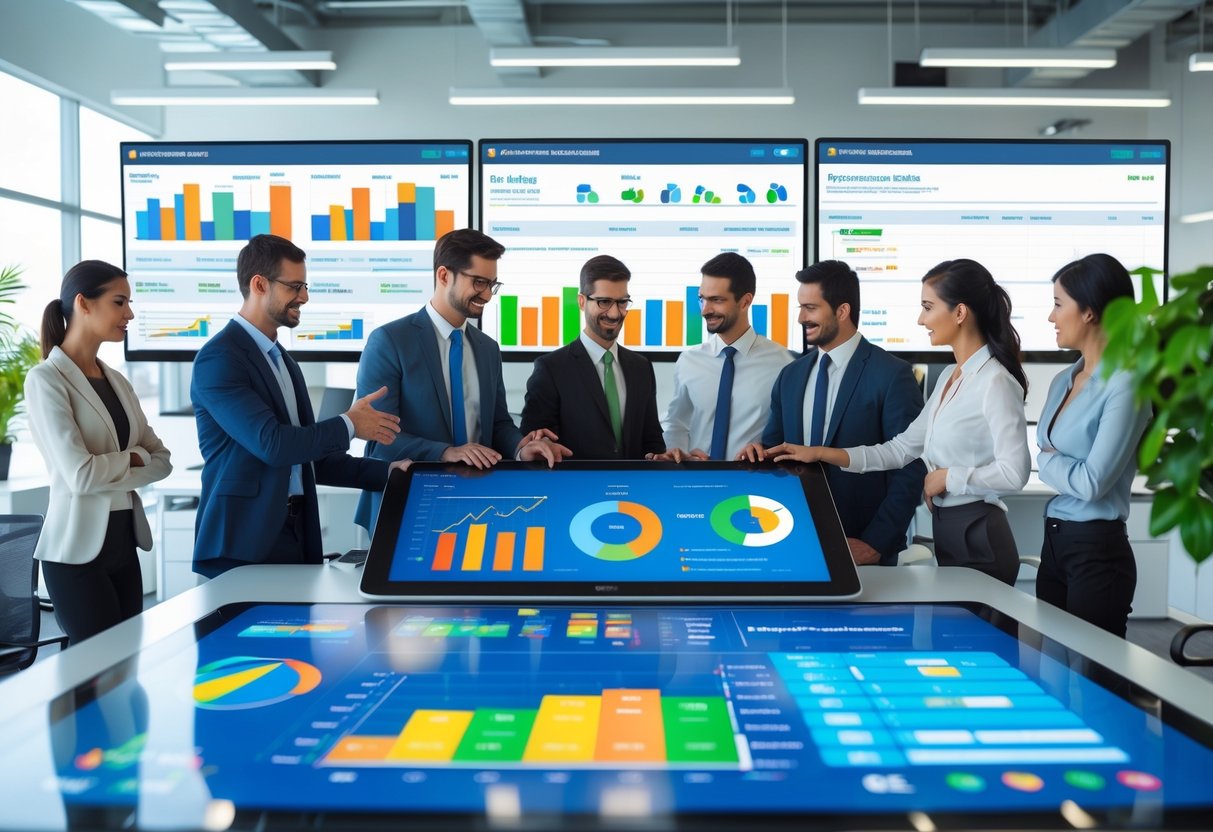 Business professionals collaborating around a digital touchscreen table showing charts and data in a modern office with computer monitors displaying CRM dashboards.
