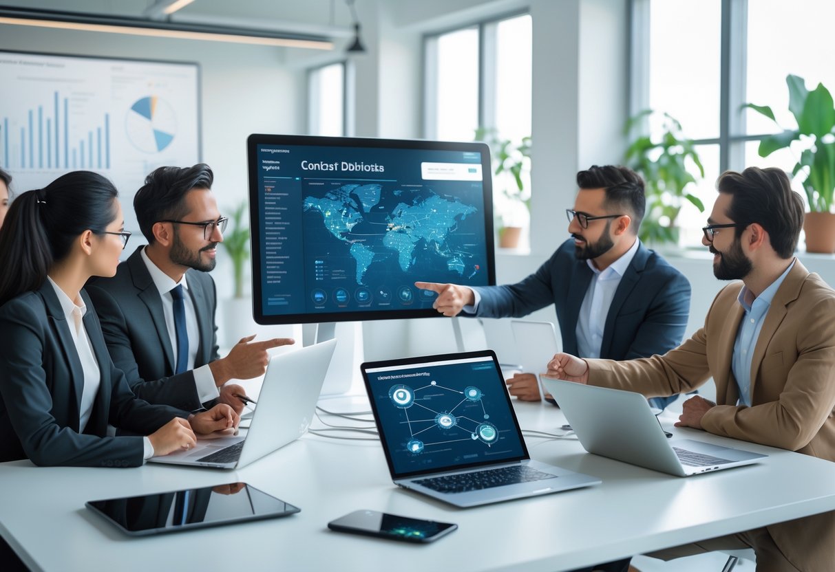 A group of business professionals collaborating around a digital touchscreen display showing data visualizations in a modern office.