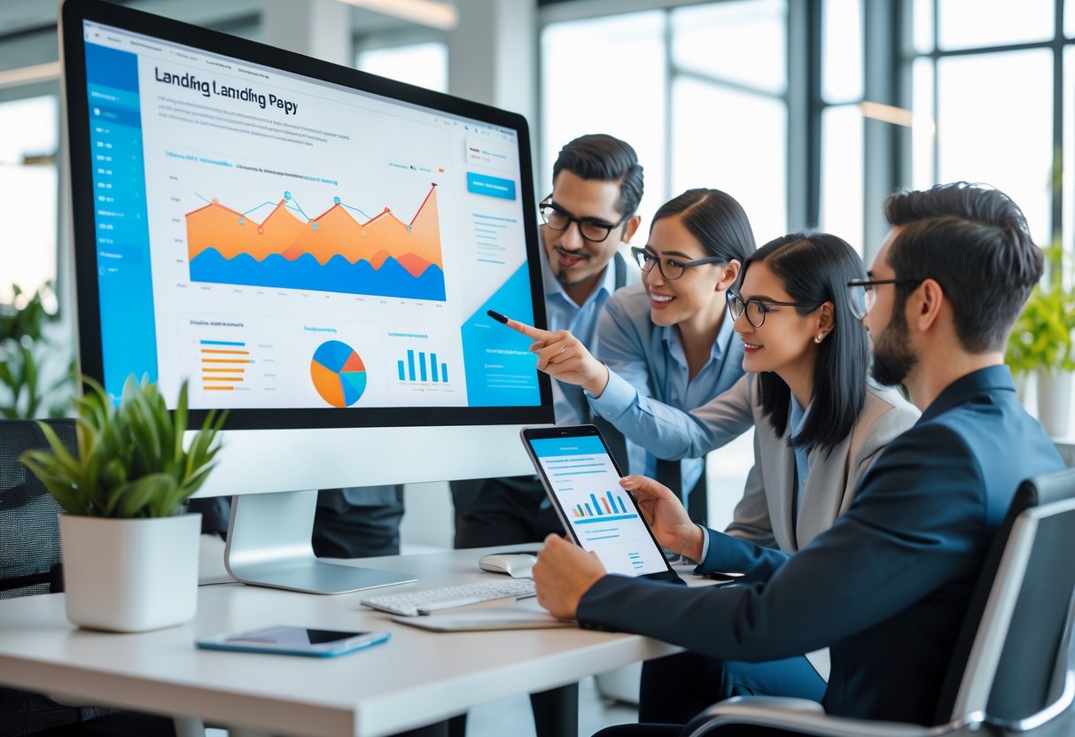 A team of marketing professionals working together around a computer displaying a landing page layout with charts in a bright office.