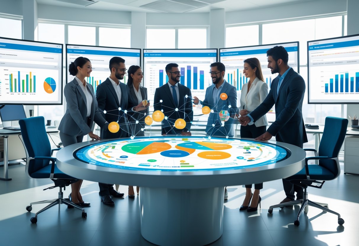 Business professionals collaborating around a digital touchscreen table displaying contact database visuals in a modern office with multiple monitors showing data analytics.