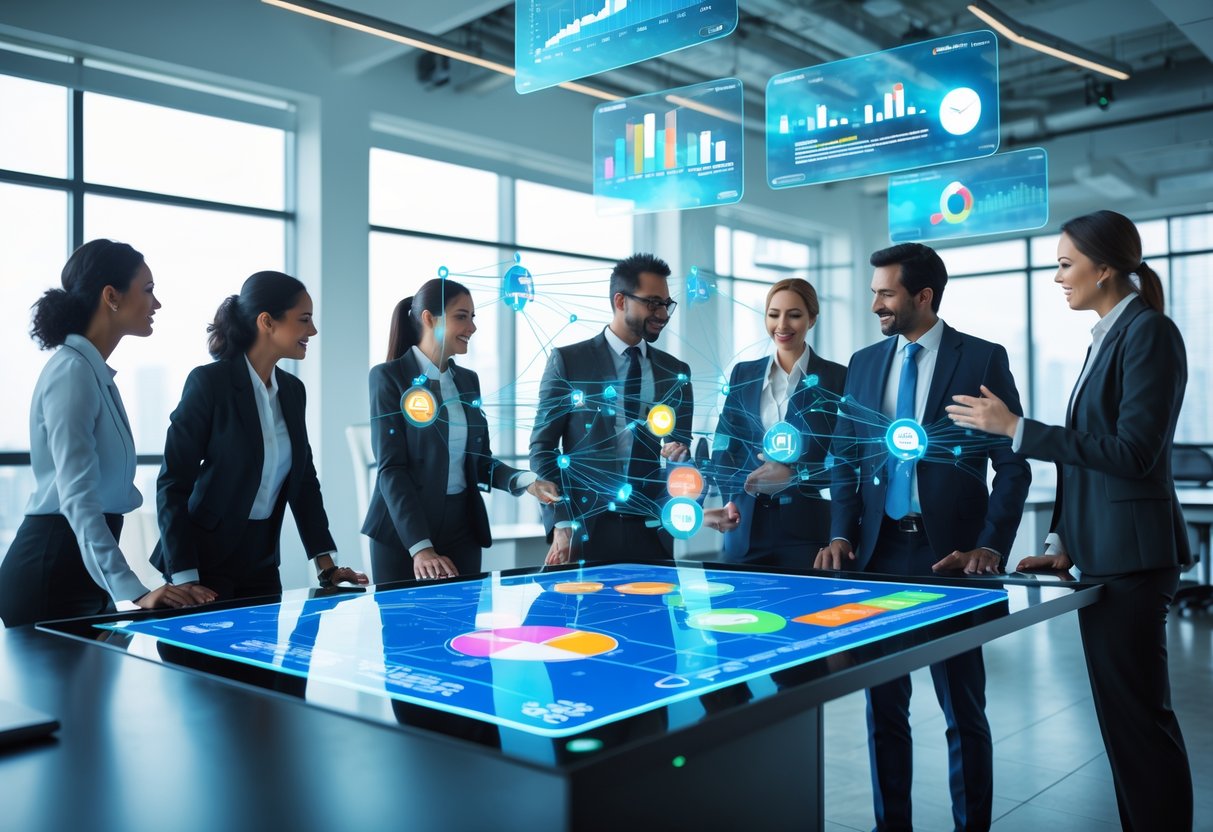 Business professionals collaborating around a digital touchscreen table displaying data charts and holographic screens in a modern office.