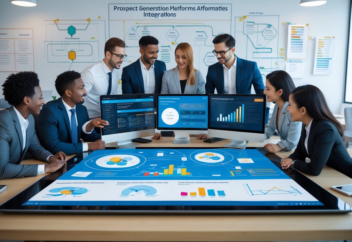 A group of business professionals collaborating around a digital table with data visualizations and computer screens showing analytics and integration diagrams in a modern office.