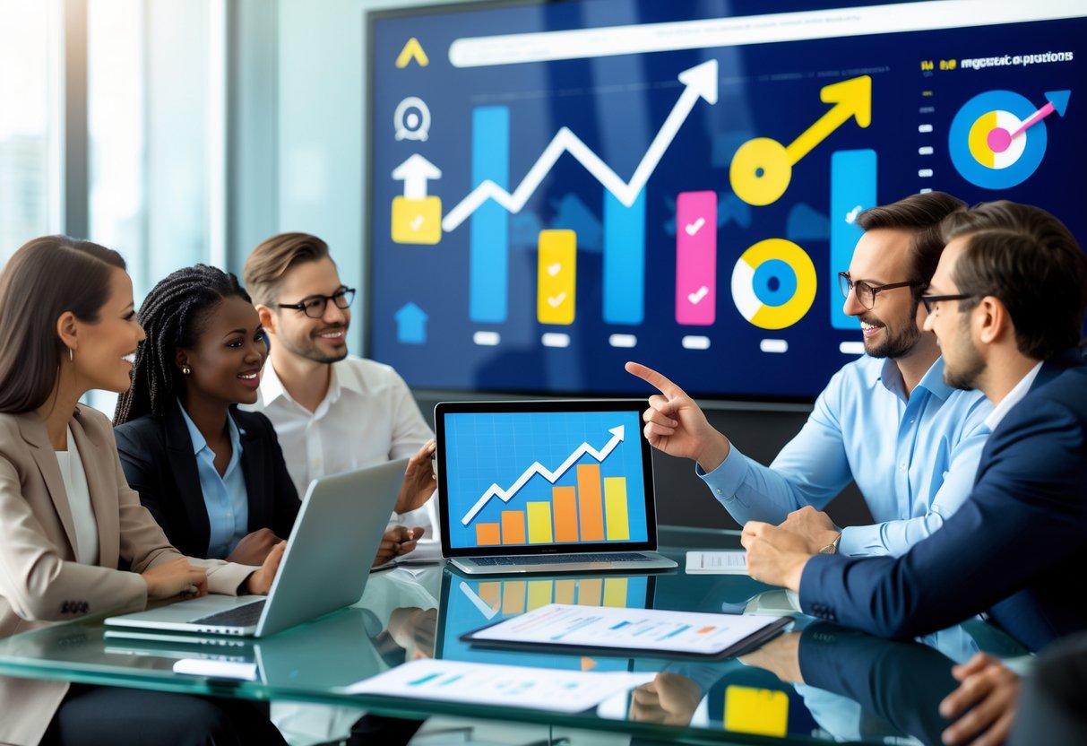 A team of professionals collaborating around a table with laptops and charts showing business growth and marketing data.