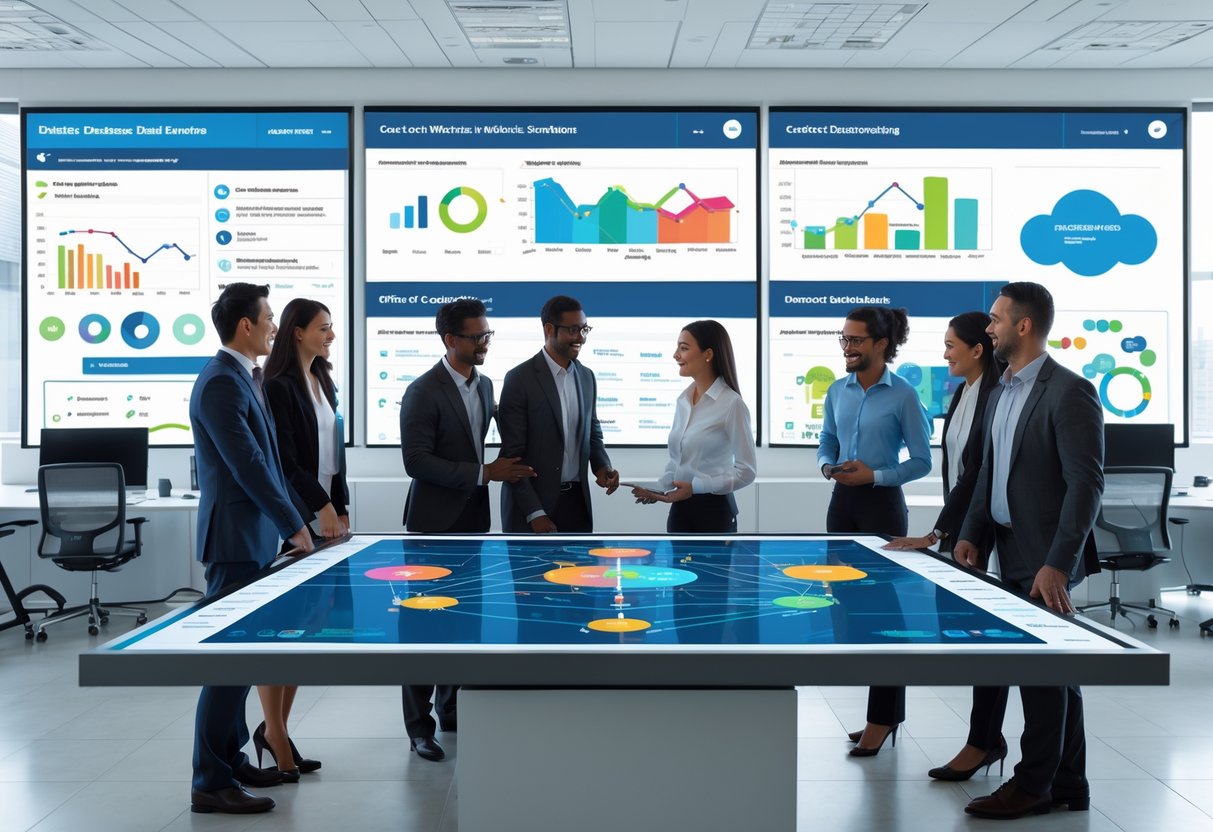 A group of professionals collaborating around a digital touchscreen table displaying data visualizations and workflow charts in a modern office.